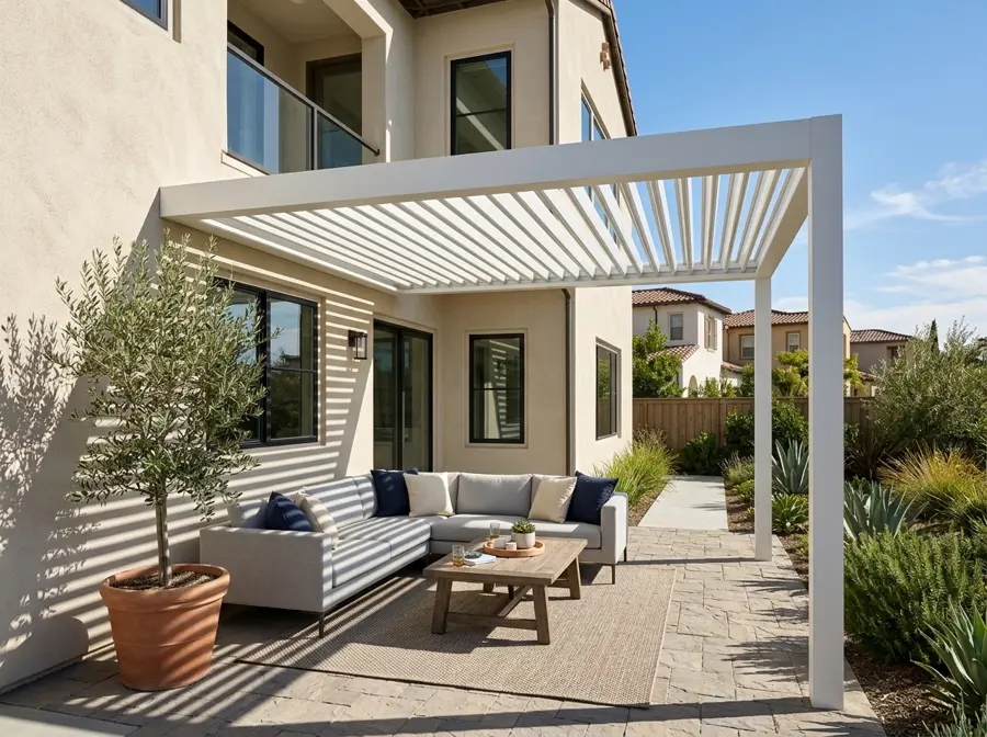 White louvered patio cover over a seating area