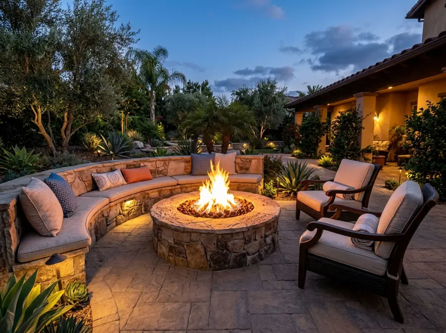 Stone gas fire pit with curved seating at dusk
