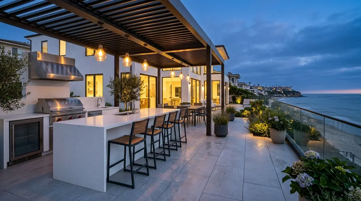 Oceanfront porcelain paver patio and outdoor kitchen under a louvered pergola
