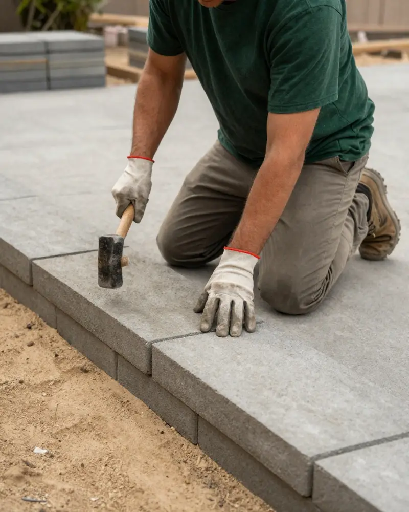 Crew member setting pavers on a job site