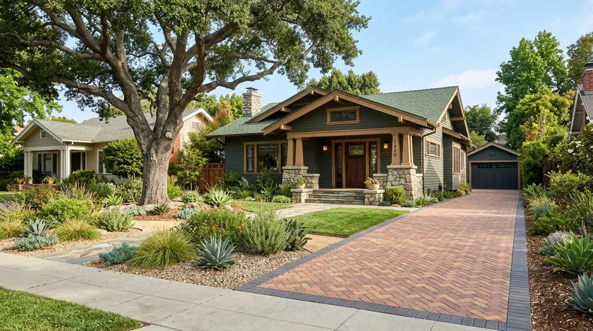 Herringbone paver driveway at a craftsman home