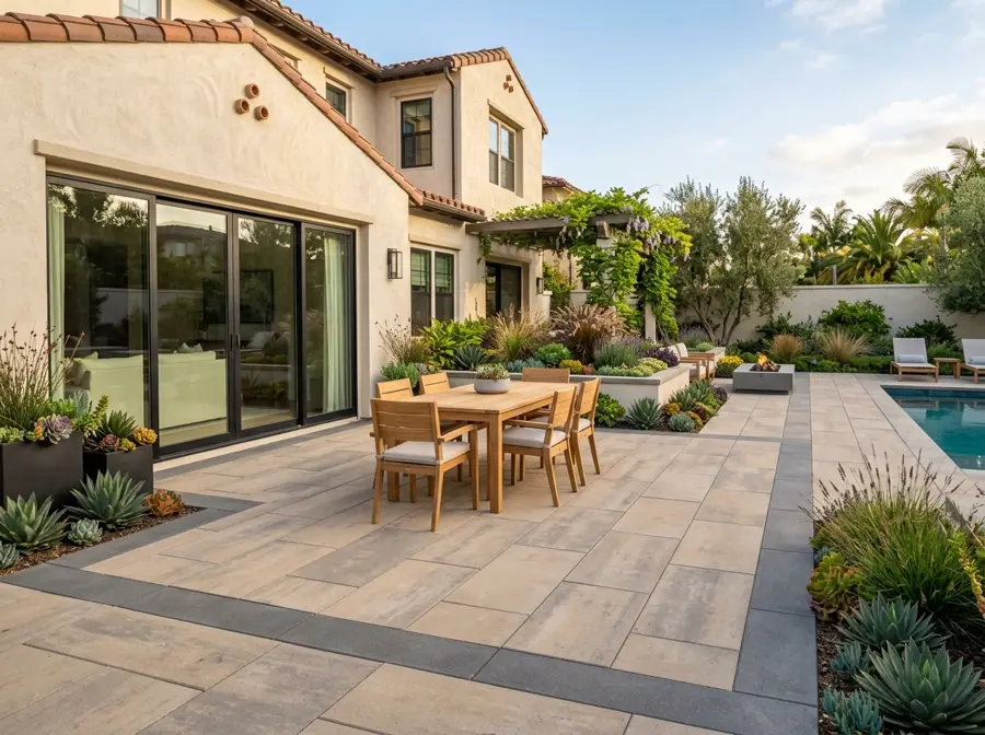 Tan paver patio with outdoor dining set