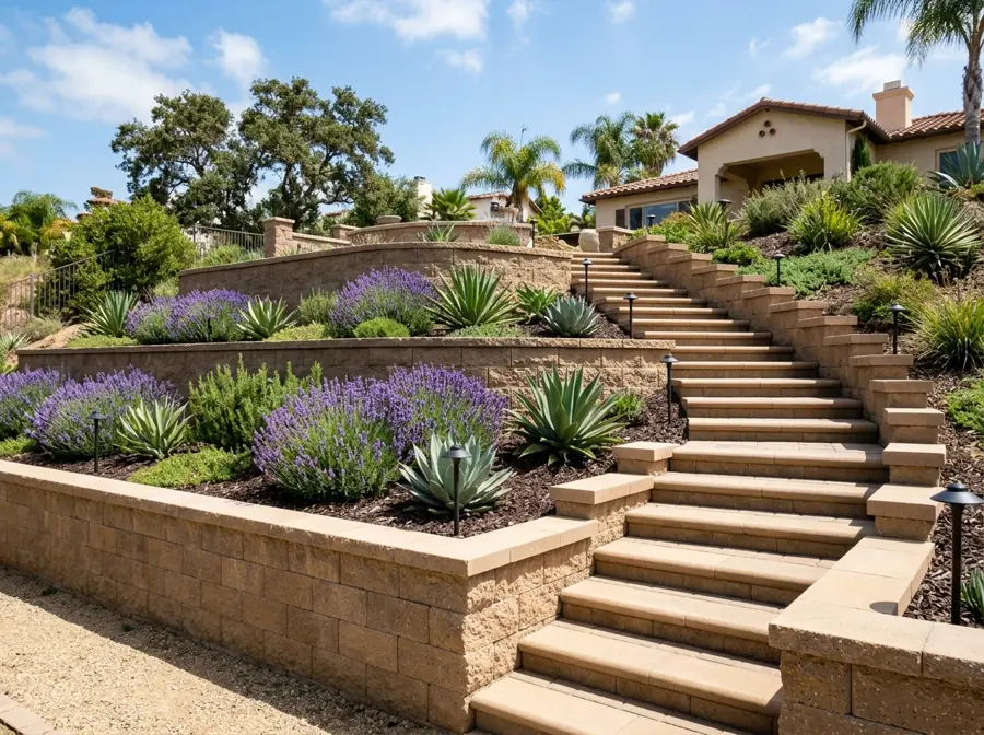 Tiered block retaining wall with paver steps